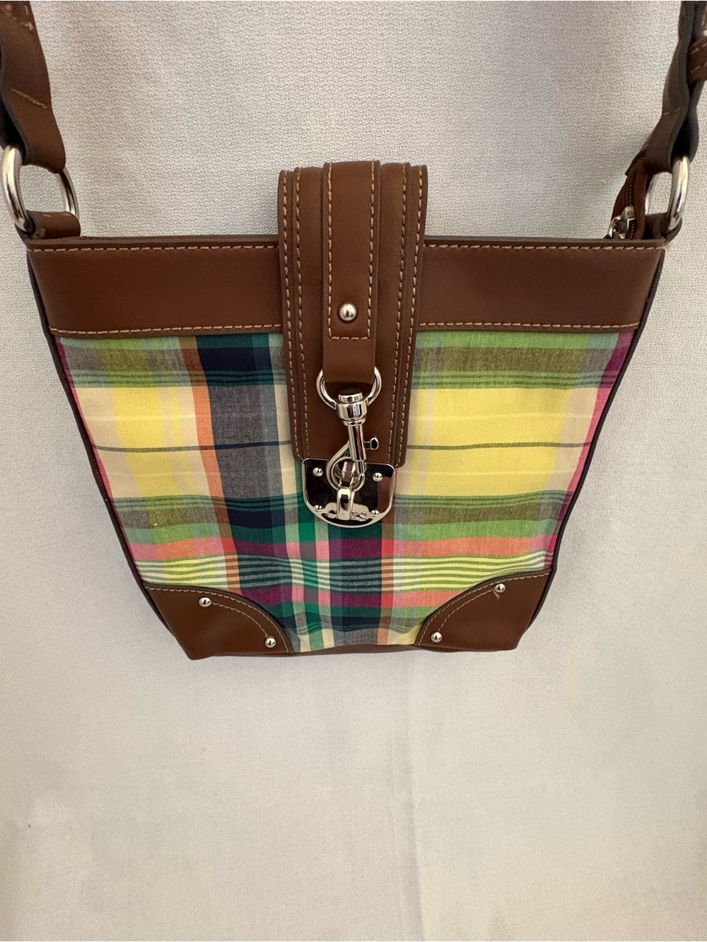 Chaps plaid Crossbody Mini Bag in Multicolor Plaid with Brown Trim
